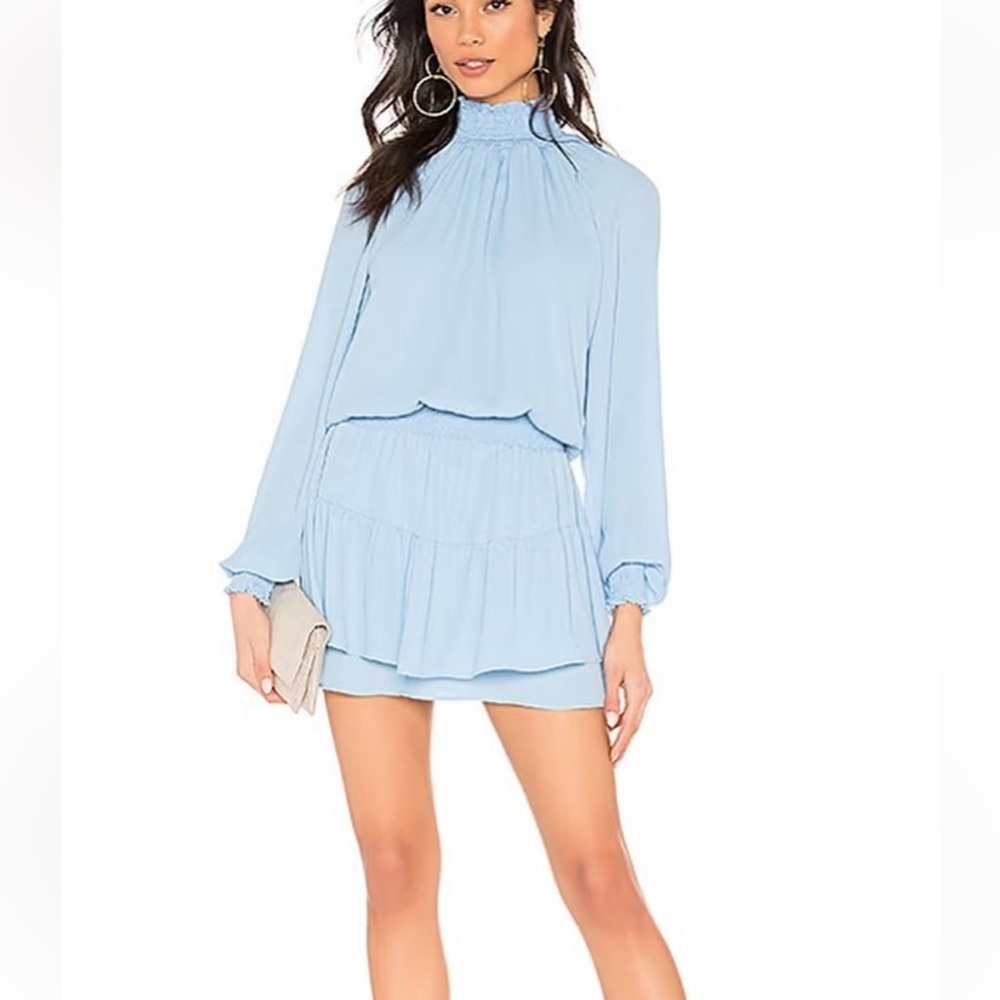 krisa Smocked Turtleneck Mini Dress Light Blue